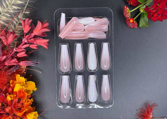 White and Pink Ombré Glitter Press On Nails Long Length